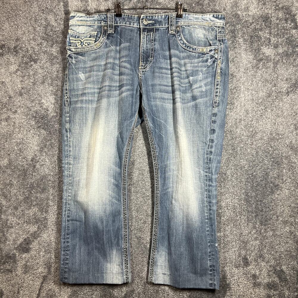 Rock Revival Edward Straight Jeans Mens 42x27 Blue Embroidered Pockets Denim